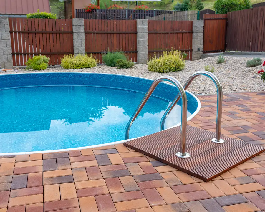 Concrete decks and patios, Concrete pool deck, stamped concrete to look like bricks - Belleville, IL